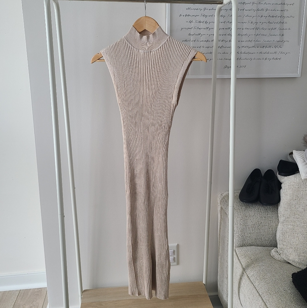 Sleeveless Ribbed Knit Turtleneck Dress Tan